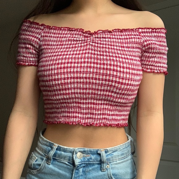 Red gingham off the shoulder top - Picture 2 of 3